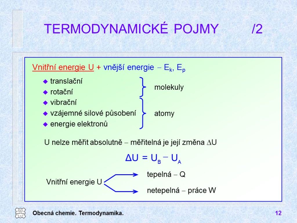 Obecná chemie. Termodynamika. 12 TERMODYNAMICKÉ POJMY /2 Vnitřní energie U + vnější energie 